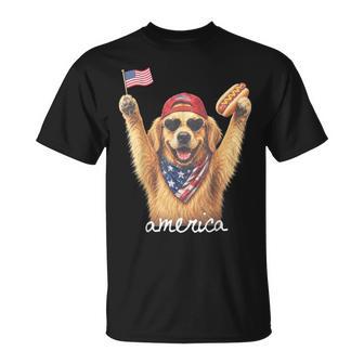 America Golden Retriever Hotdog 4Th Of July Us Flag T-Shirt - Monsterry