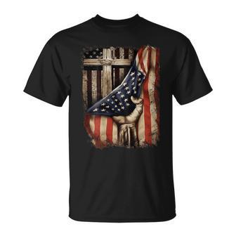 American Usa Flag Christian Cross Patriotic On Back T-Shirt - Thegiftio UK