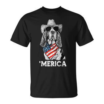 Basset Hound American Flag Bandana Cowboy Hat Sunglasses T-Shirt - Thegiftio UK