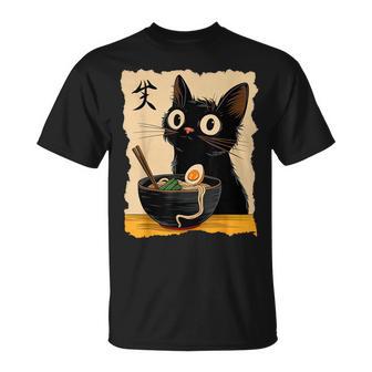 Black Cat Eating Ramen Japanese Kawaii Anime Cat Ramen T-Shirt - Monsterry