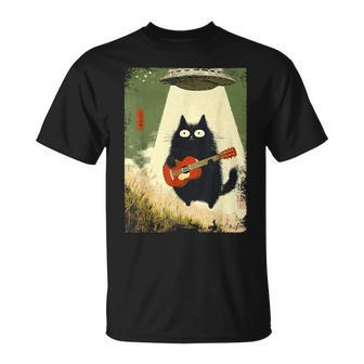 Black Cat Playing Guitar Abducted Alien Ufo Japanese T-Shirt - Thegiftio UK