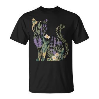Boho Katze Pflanzen Damen Mädchen Herren Blumen T-Shirt - Seseable