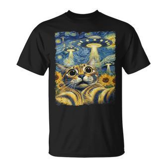 Cat Selfie With Ufo Starry Night Van Gogh Cat Kids T-Shirt - Thegiftio UK