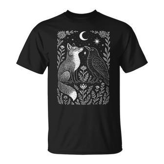 Celestial Floral Fox & Crow Moon Astrology Wildlife Nature T-Shirt - Monsterry