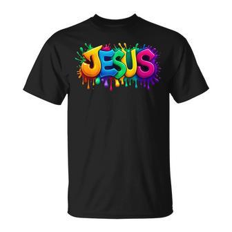 Colorful Jesus Rainbow Paint Splash Christian T-Shirt - Monsterry