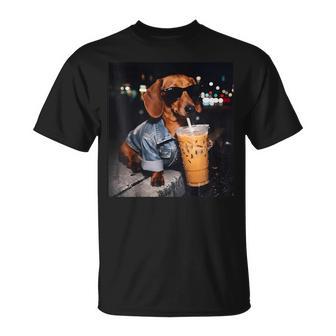 Cool Dachshund Drinking Iced Coffee Lover Humor T-Shirt - Monsterry