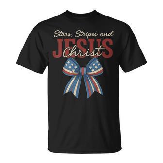 Coquette Bow Stars Stripes And Jesus Christ 4Th Of July T-Shirt - Monsterry