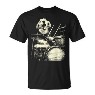 Cute Golden Retriever Playing Drums Music Dog Drummer T-Shirt - Thegiftio UK
