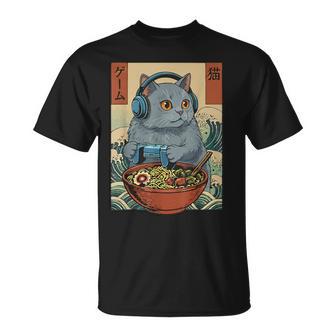 Cute Kawaii Gamer Cat Ramen Retro Japanese Cat Gaming T-Shirt - Monsterry