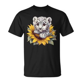 Cute Snow Leopard Cub In Sunflower Bloom T-Shirt - Thegiftio