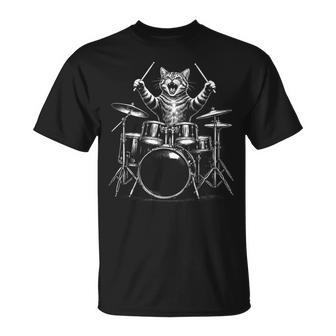 Drummer Rock Cat Jouant De La Batterie Heavy Metal Drummer Cats Music T-Shirt - Cadeauxyz