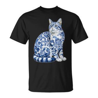 Élégant Floral Chat Tigré Toile Bleue Chaton Chinoiserie T-Shirt - Cadeauxyz