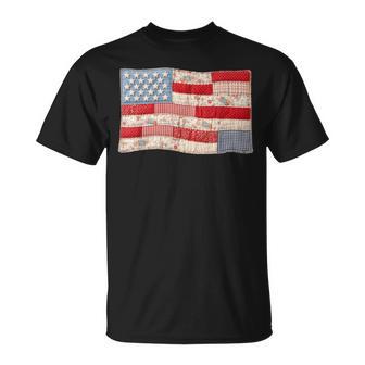 Faux Quilted American Flag Vintage Patchwork Patriotic T-Shirt | Mazezy