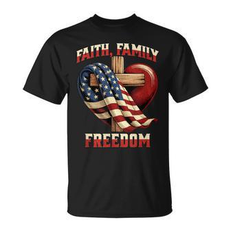 Flag With Cross Patriotic July 4Th Faith Family Freedom T-Shirt - Thegiftio UK