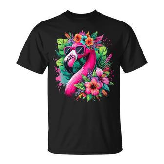Flamingo With Sunglasses Tropical Flowers Summer Vibe T-Shirt - Monsterry