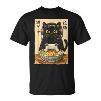 Cat Gamer Ramen Graphic Japanese Kawaii Anime Gaming T-Shirt - Thegiftio