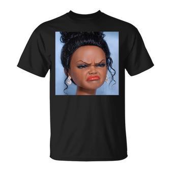 Creepy Doll Face Meme Expression Hilarious Sarcastic T-Shirt - Monsterry