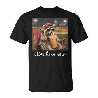Raccoon I Live Here Now Baseball Mom Softball Mama T-Shirt | Mazezy