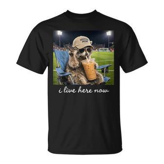 Raccoon Soccer Mama Field I Live Here Now Iced Coffee T-Shirt - Thegiftio