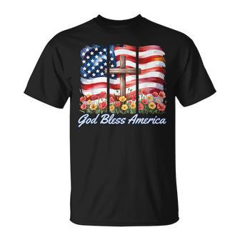 God Bless America Flag Cross Flowers Patriotic 4Th Of July T-Shirt - Thegiftio UK