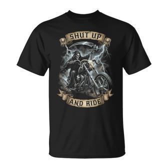 Grim Reaper オートバイ バイカー スケルトン シャット アップ アンド ライド Tシャツ - Kawaiitshirt