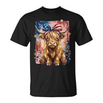 Highland Cow Patriotic Coquette Bow 4Th July American Flag T-Shirt - Monsterry