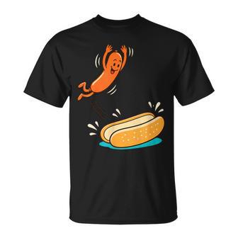 Hot Dog Jumping Into Bun Sausage Bbq High Dive T-Shirt - Monsterry
