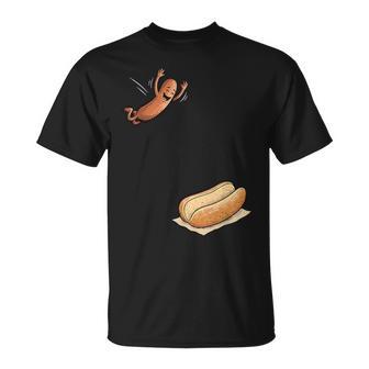 Hotdog Jumping Into Bun Bbq T-Shirt - Monsterry