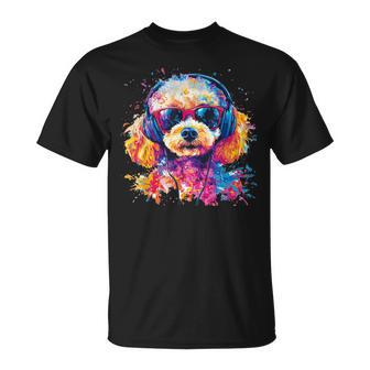 Hund Pudel Musik Kopfhörer Bunt Kunst Fellnase Pudel T-Shirt - Seseable
