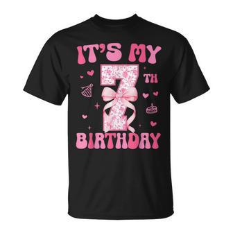 Its My 7Th Birthday Girl Coquette Bow 7 Year Old Party Girl T-Shirt | Mazezy