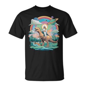 Jesús Cabalgando En El Espacio Dinosaurio T-Rex Memeci-Fi Creyentes Camiseta unisex - Regaloses