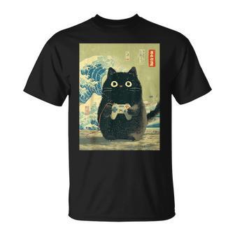 Jeuxidéo Japonais Gamer Cat Great Wave Cat Dad T-Shirt - Cadeauxyz