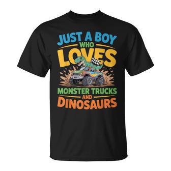 Just A Boy Who Loves Monster Trucks And Dinosaurs Trex T-Shirt - Thegiftio UK