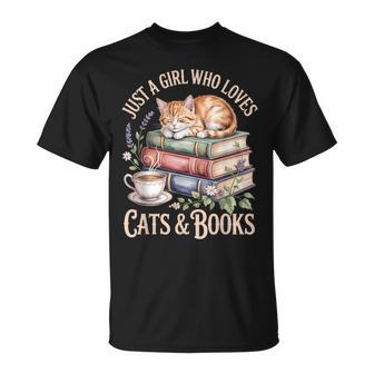 Just A Girl Who Loves Cats And Books Reading Librarian T-Shirt - Monsterry
