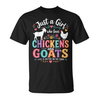 Just A Girl Who Loves Chickens And Goats Farm Animal Floral T-Shirt - Monsterry