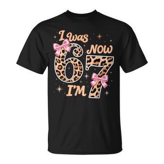 Leopard Bow I Was 6 Now I'm 7 Six Seven 7Th Birthday Girl T-Shirt - Thegiftio UK