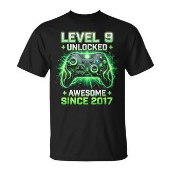 Level 9 Unlocked Awesome Since 2017 9Th Birthday Boy Gamer T-Shirt - Thegiftio