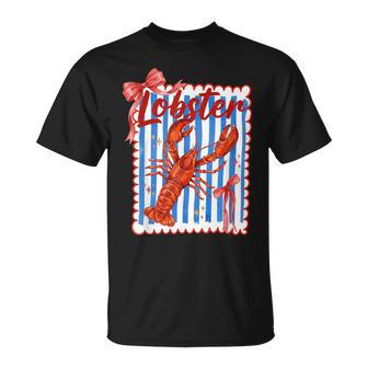 Lobster Red Bow Preppy Coquette Blue White Stripes Coastal T-Shirt - Thegiftio UK