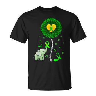 Mental Health Awareness Sunflower Green Ribbon Elephant T-Shirt - Monsterry