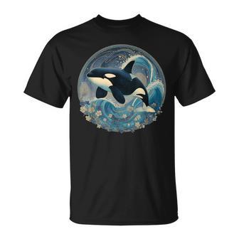 Orca Whale Fish Sea Wave Flower Ocean Graphic T-Shirt | Seseable UK
