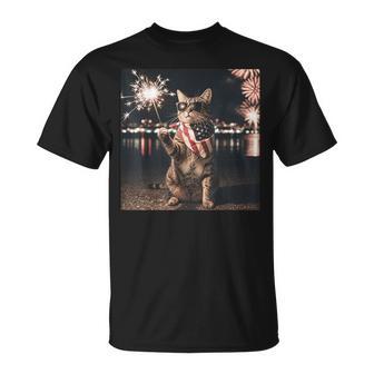 Patriotic Cat American Flag Fireworks 4Th Of July T-Shirt - Thegiftio UK