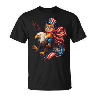 Patriotic Cat Riding Eagle 4Th Of July American Flag T-Shirt - Monsterry