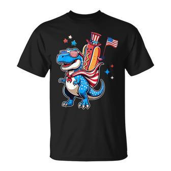 Patriotic Hotdog Riding Dino T-Rex 4Th Of July American Flag T-Shirt - Thegiftio UK