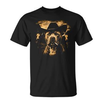 Pit Bull Western Graphic Cowboy Dog Smoking T-Shirt - Monsterry