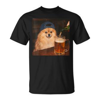 Pomeranian Drinking Beer Fathers Day Dog Meme T-Shirt | Mazezy