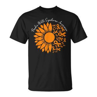 Prader Willi Syndrome Awareness Orange Ribbon Sunflower T-Shirt - Monsterry