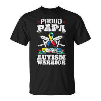 Proud Papa Of An Autism Warrior Awareness Ribbon Father T-Shirt - Monsterry
