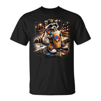 Raccoon Drinking Iced Coffee Autism Awareness Animal Meme T-Shirt | Seseable UK