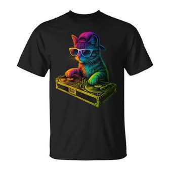 Rainbow Dj Cat Kitty House Music Turntable T-Shirt | Mazezy