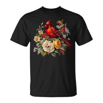 Red Cardinal Bird Roses Floral Nature Bird Watching T-Shirt - Monsterry